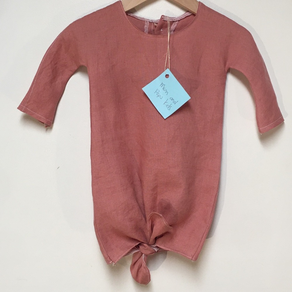 Nightgown 100% Linen‎ Baby 0-3M Knot Tie Pink Unisex Button Mom and Pop's Kids